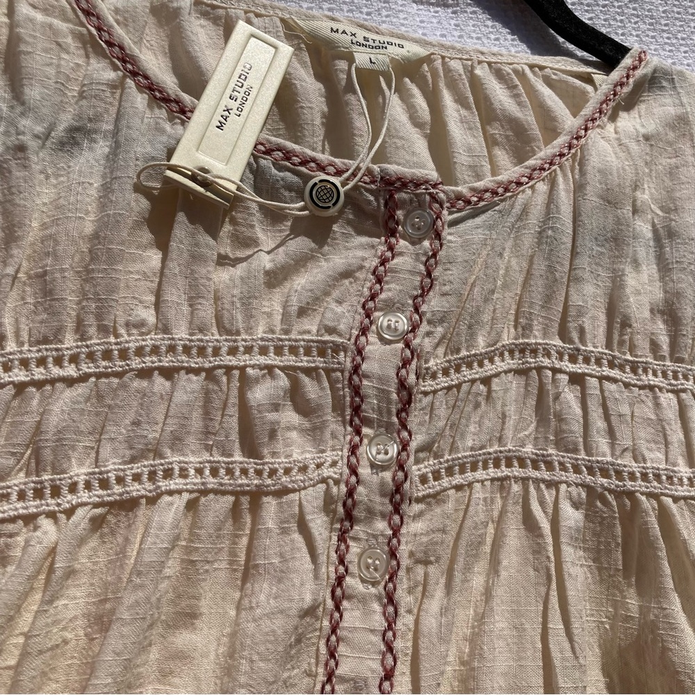 NWT BLOUSE MAX STUDIO Cream with Pink Embroidery/Retro Vintage Style SZ: L - Picture 3 of 13